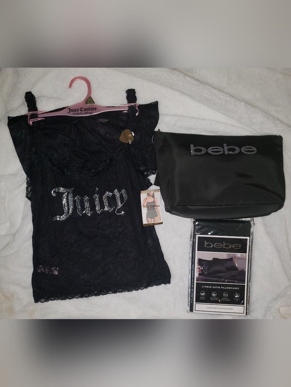 Juicy Couture Lingerie Black Lace Cami & Shorts + Bebe Bag & Satin Pillowcases